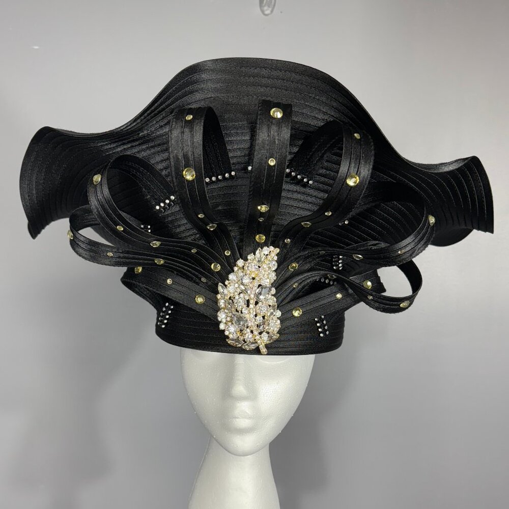 BEN MARC INTERNATIONAL BLACK CHURCH LADY HAT. JEWELED WITH ORNATE FRONT. - Picture 3 of 8